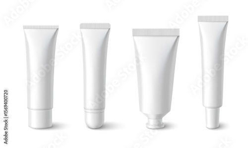 White lip cream tube collection in different sizes and cap styles for cosmetic packaging mockups. Plastic containers for professional beauty product designs - balm, gloss and moisturizer formats.