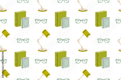 Seamless pattern of desk lamps, books and glasses on white background, ideal for education, library, or workspace visuals