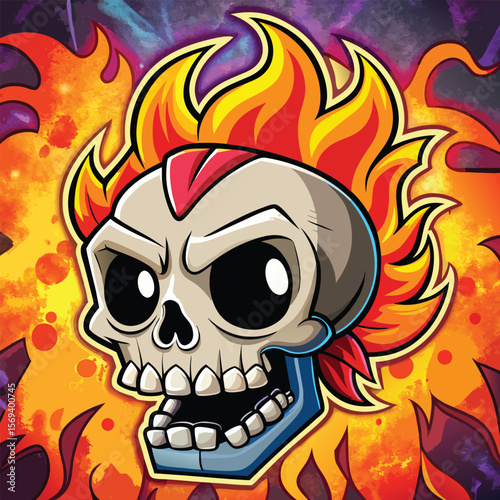 Vector art of a cartoonish skull with fiery hair and glowing eyes is set against a backdrop of flames