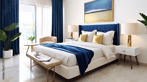 A luxurious modern bedroom with a double bed draped in royal blue bedding, soft ivory walls, gold-accented furniture, abstract posters on the wall, and a wide window letting in warm