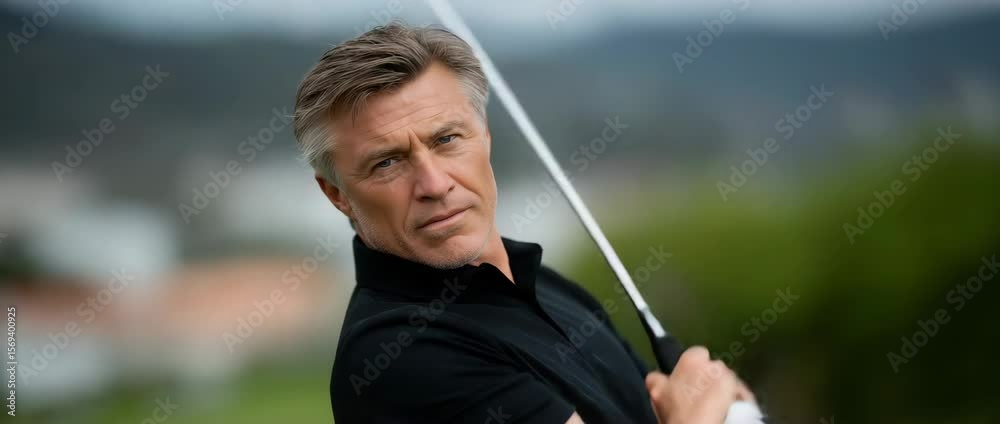 Mastering the Green: A focused man, dressed in professional attire, stands poised on a lush golf course, embodying the focus and determination required for success.