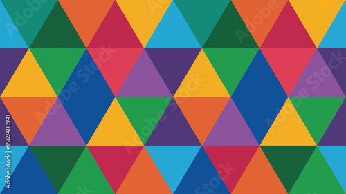 A seamless pattern of colorful triangles arranged in a geometric mosaic design with vibrant hues and sharp edges