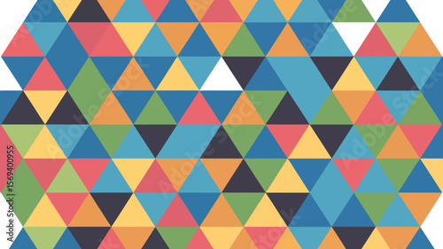 A colorful geometric pattern featuring triangles of various colors arranged in a mosaic style design