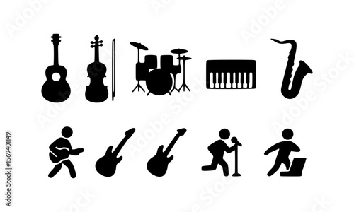 Collection of Musical Instruments and Musicians Silhouettes Vector Icons