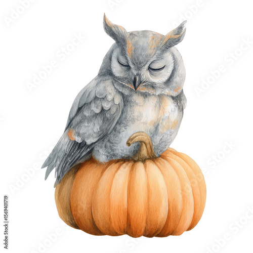 Charming Watercolor Illustration of a Sleepy Owl Sitting on a Pumpkin Perfect for Autumn and Halloween Decor