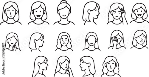 Minimalist Hairstyle and Head Pose Line Art Set Line Art Reference Set – Hairstyles, Angles & Expressions