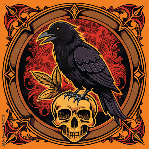 Vector art of a black crow perches on a skull within an ornate vintage frame