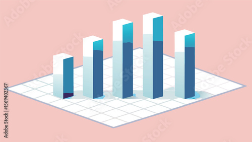 Isometric bar graph showing increasing values on a grid with a pink background illustration