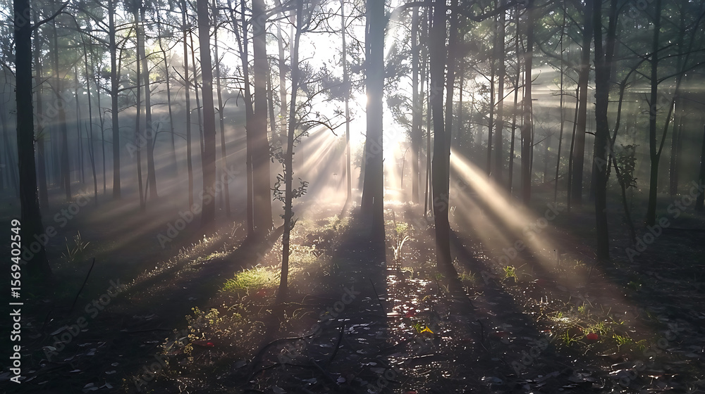 Obraz premium Sun rays through the trees in a dark forest