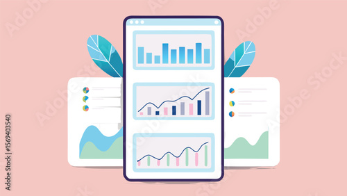 Smartphone displaying data charts with bar graphs and line graphs for data visualization tools