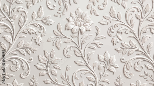 An intricate white floral pattern with embossed flowers and leaves on a textured background surface design