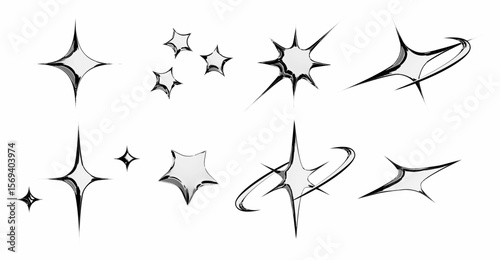 Chrome star emoticon set with metallic silver sparkles, swoosh trail, cluster formation, curved motion line and sharp pointed bursts for y2k aesthetic design, retro digital art or shiny interface.