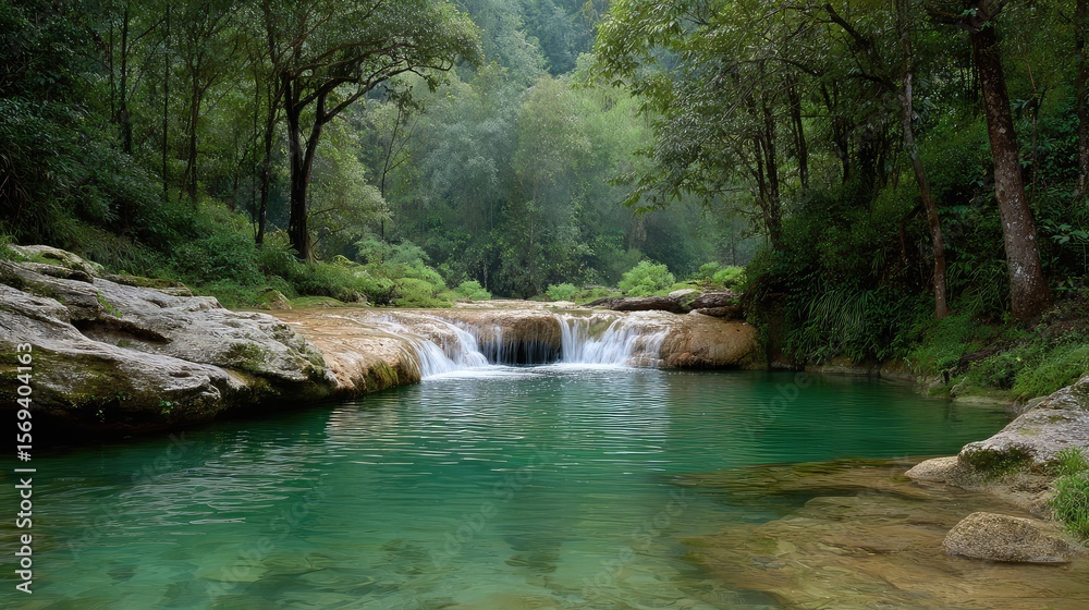 Fototapeta premium Serene turquoise water flows over smooth rocks in a tranquil forest, surrounded by lush trees and mist, creating a peaceful, natural oasis for relaxation and reflection.
