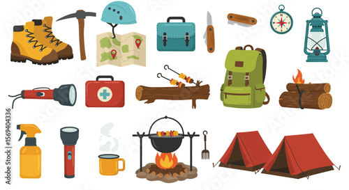 A vintage vector illustration set of camping icons, featuring kitchen essentials like a coffee cup, tea pot, and cooking food symbols for breakfast