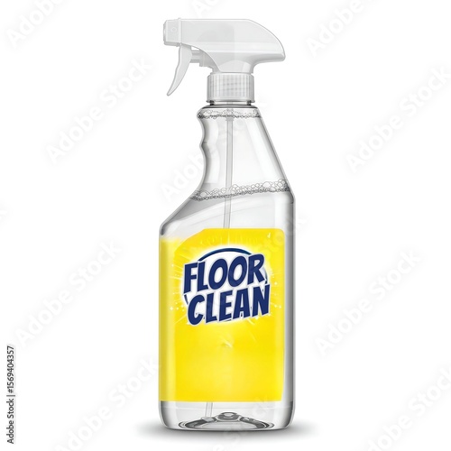 Clear plastic floor cleaner spray bottle with yellow liquid and branded label, used for floor sanitation, janitorial, and home hygiene cleaning purposes