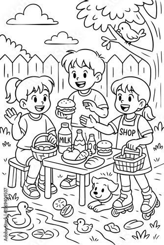 Coloring page of three cheerful kids having a picnic with bread, milk, and burgers in a backyard, surrounded by ducks, a puppy, and a tree with a bird, perfect for fun family coloring.
