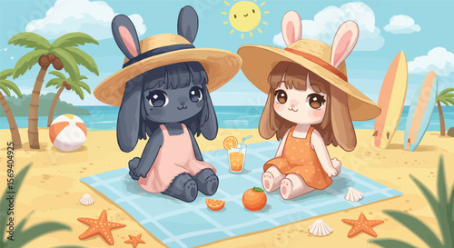 Children happily play on the beach with a cute cartoon bunny and a funny dog illustration