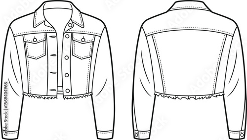 Cropped denim jacket fashion flat, technical sketch, vector drawing, front and back view, trendy streetwear design, apparel illustration flat vector illustration