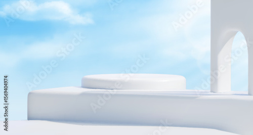 Sky background with minimalist podium arrangement - white archway portal and circular platform step, bright blue gradient with clouds, architectural elements for product display presentations.