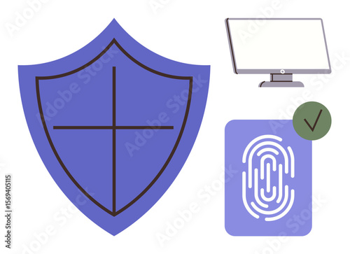 Shield icon, biometric fingerprint with checkmark, and computer screen emphasizing cybersecurity, data protection, and user authentication. Ideal for privacy, safety, secure access, encryption