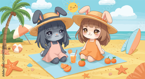 Children happily play on the beach with a cute cartoon bunny and a funny dog illustration