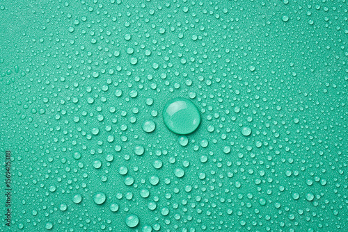 Close up of water drops on a green background. Macro photo. Top view.