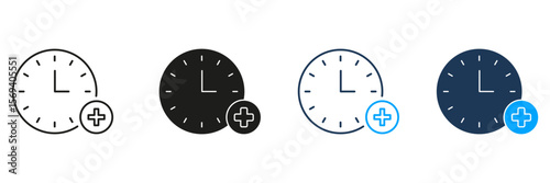 Clock With Plus Sign Line And Solid Icon Set. Time Management, Scheduling, And Appointment Addition Symbol Collection. Efficient Planning And Organization. Isolated Vector Illustration