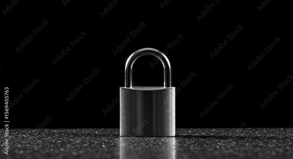 Fototapeta premium 黒背景、輝く金属製南京錠、堅牢なセキュリティイメージ