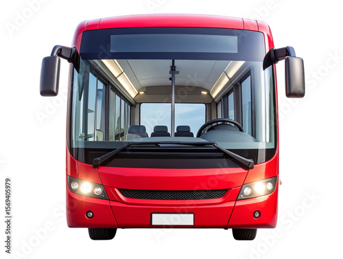 Classic Red City Bus Front View with Clear Windows, Isolated on White Background