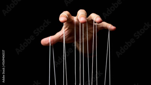 Hand closeup pulling strings, manipulating, controlling. Authority concept.