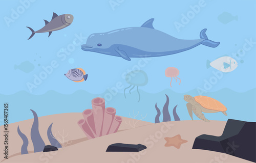 Underwater world Scene with Dolphins, Fish, and Colorful Coral Reefs
