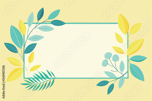 Light yellow background showcases a rectangular frame bordered by teal, yellow, and green floral accents