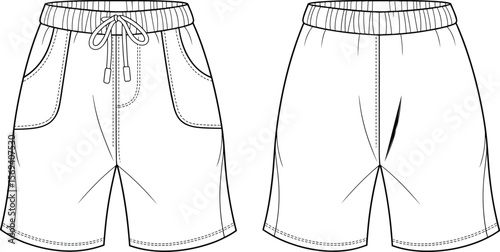 Men’s drawstring casual shorts front back view, technical fashion flat sketch, vector illustration, summer wear template, activewear mockup flat vector illustration