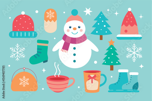 Cheerful snowman surrounded by festive winter clothing and warm beverages offers a cozy seasonal vibe
