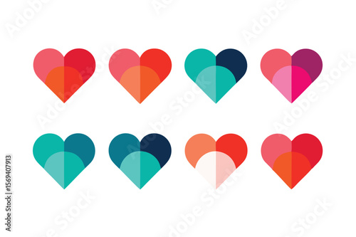 Eight hearts display diverse colors, each heart halved with varying complementary tones, on white