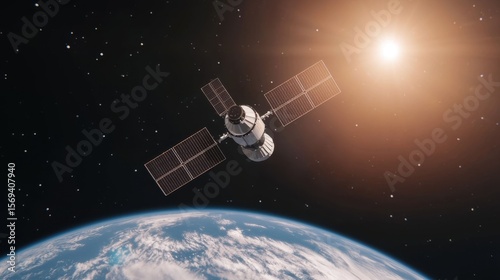 Survey Mapping Exploration Concept, Modern Satellite Orbiting Earth in High Resolution Capturing Stunning View with Sunlight in Background