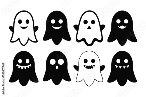 Cute ghosts with different facial expressions are playfully arranged in a group, against a transparent background