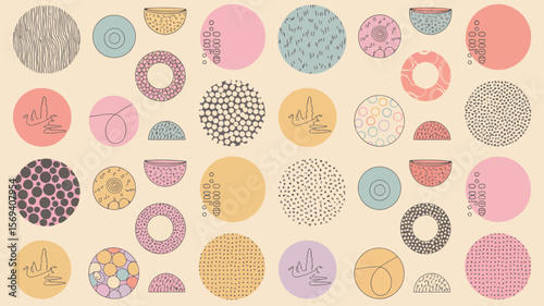 An abstract pattern featuring circles and semi circles with various designs on a beige background