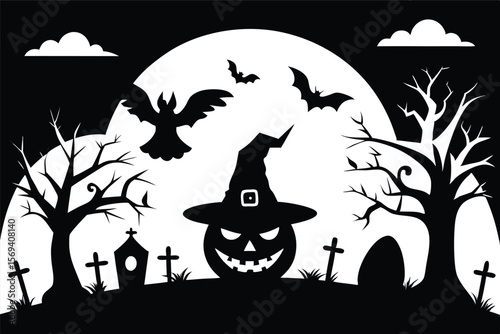 Black halloween showcases a jackolantern with bats, trees and tombstones under moon