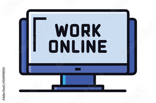 Blue computer screen displays a motivating message encouraging individuals to work online today