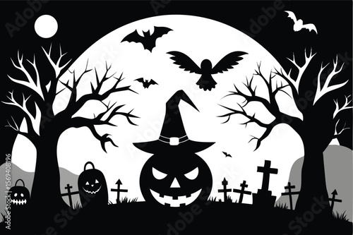 Spooky Halloween night featuring a pumpkin wearing a witch hat with graveyard silhouette