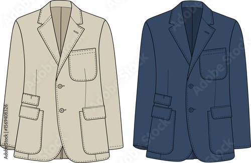 Men’s blazer fashion flat sketch, classic tailored jacket front view, with pockets and buttons, technical drawing, vector apparel design flat vector illustration
