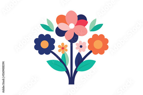 Assorted flower blossom bouquet with navy stems and vibrant leaves against a white background