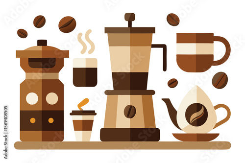 Coffee grinder, maker, teapot, beans, and cups artfully are arranged on a table