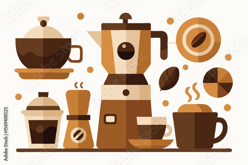 Coffee cups with the coffeemaker show a flat on the white background