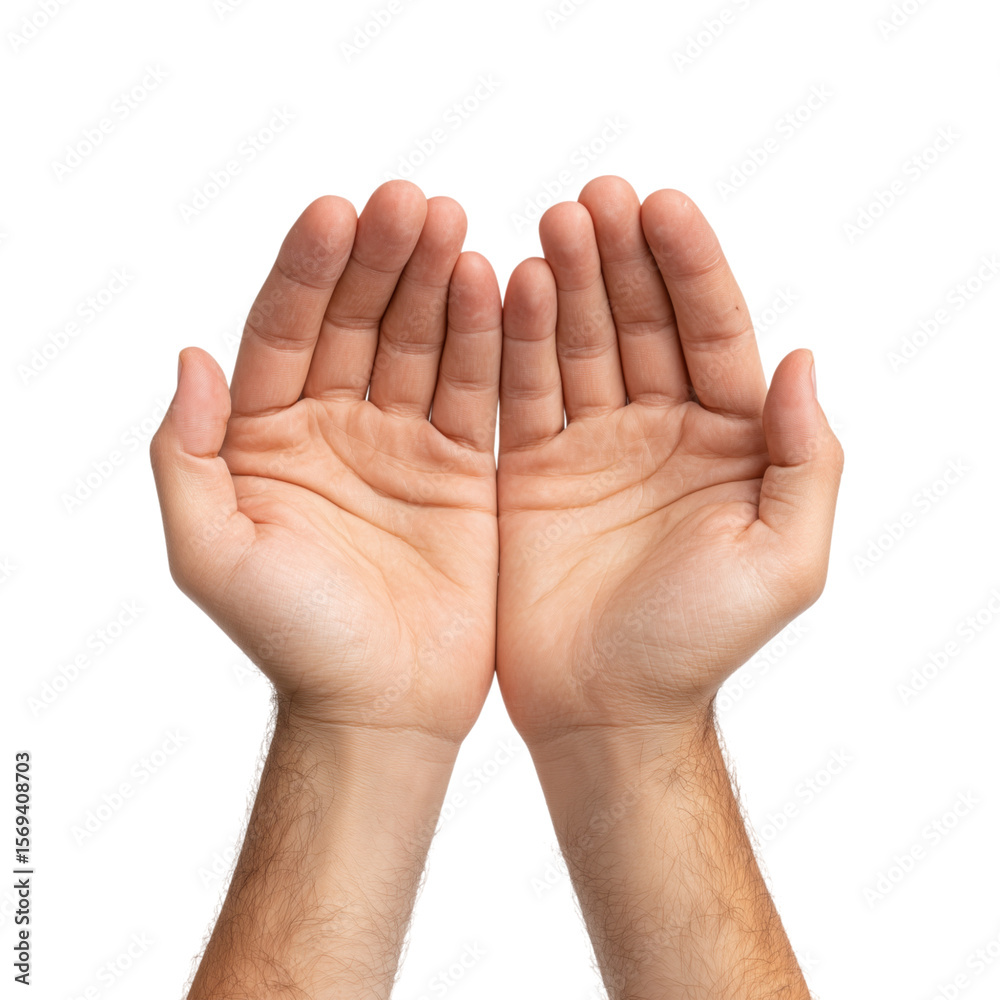 Human hands cupped open in a giving or receiving gesture against a white background Human hands cupped open in a giving or receiving gesture against a white background