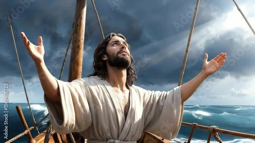 Jesus calming the storm. Biblical scene religious concept.