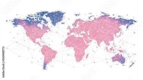 Abstract world map with connected nodes and lines, pink and blue gradient.