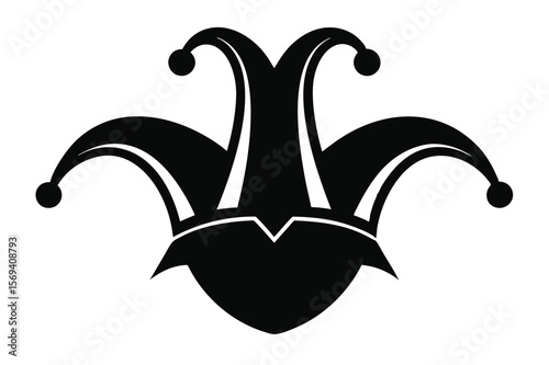 Ornate jester hat rendered in bold black silhouette is set against white backdrop