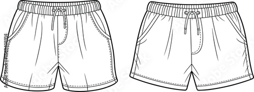 Men’s and women’s drawstring shorts vector, flat sketch, front and back view, fashion template, technical apparel design, casual wear flat vector illustration